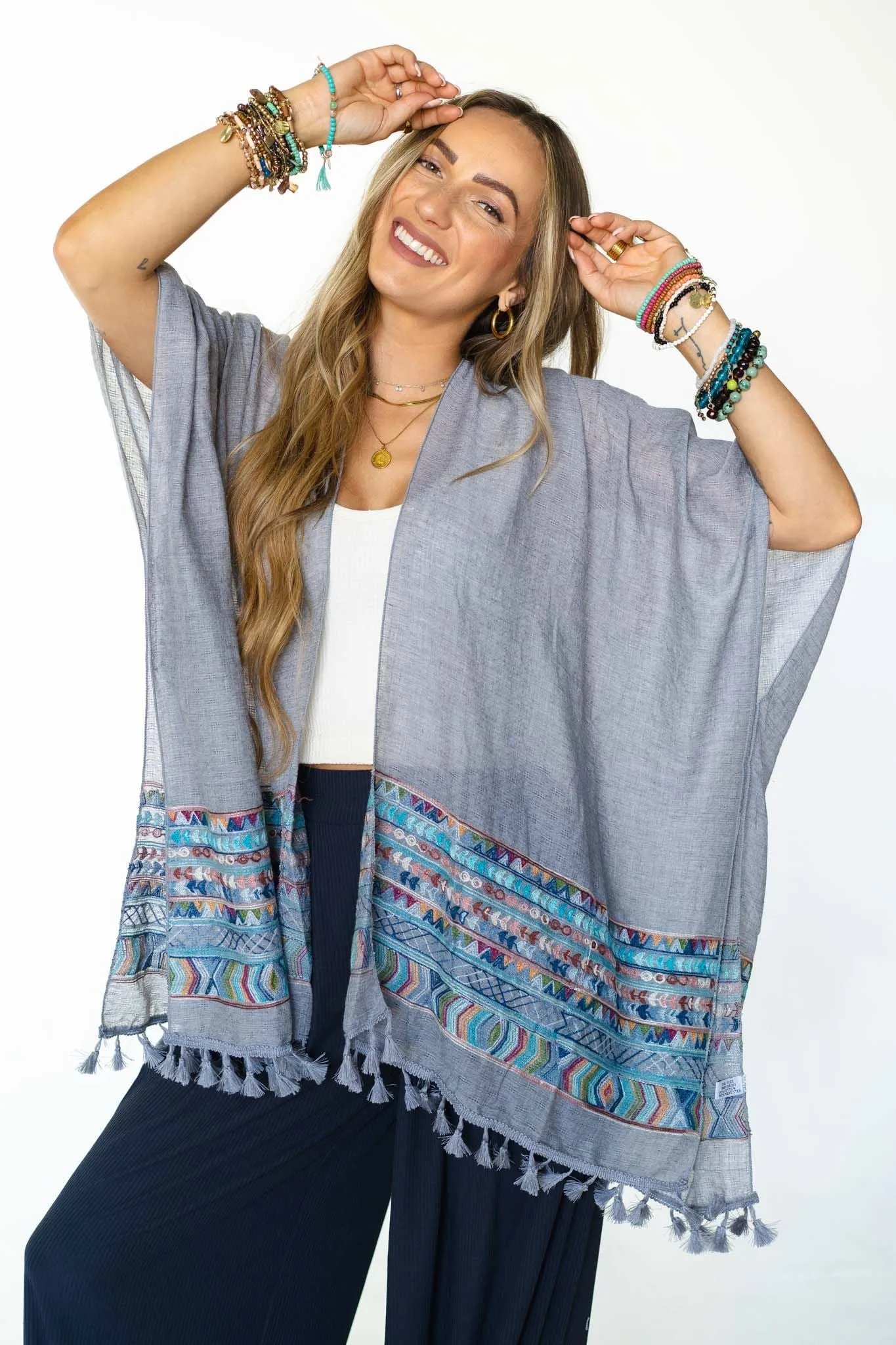 Fallon Kimono - Gray with Embroidered Sleeves