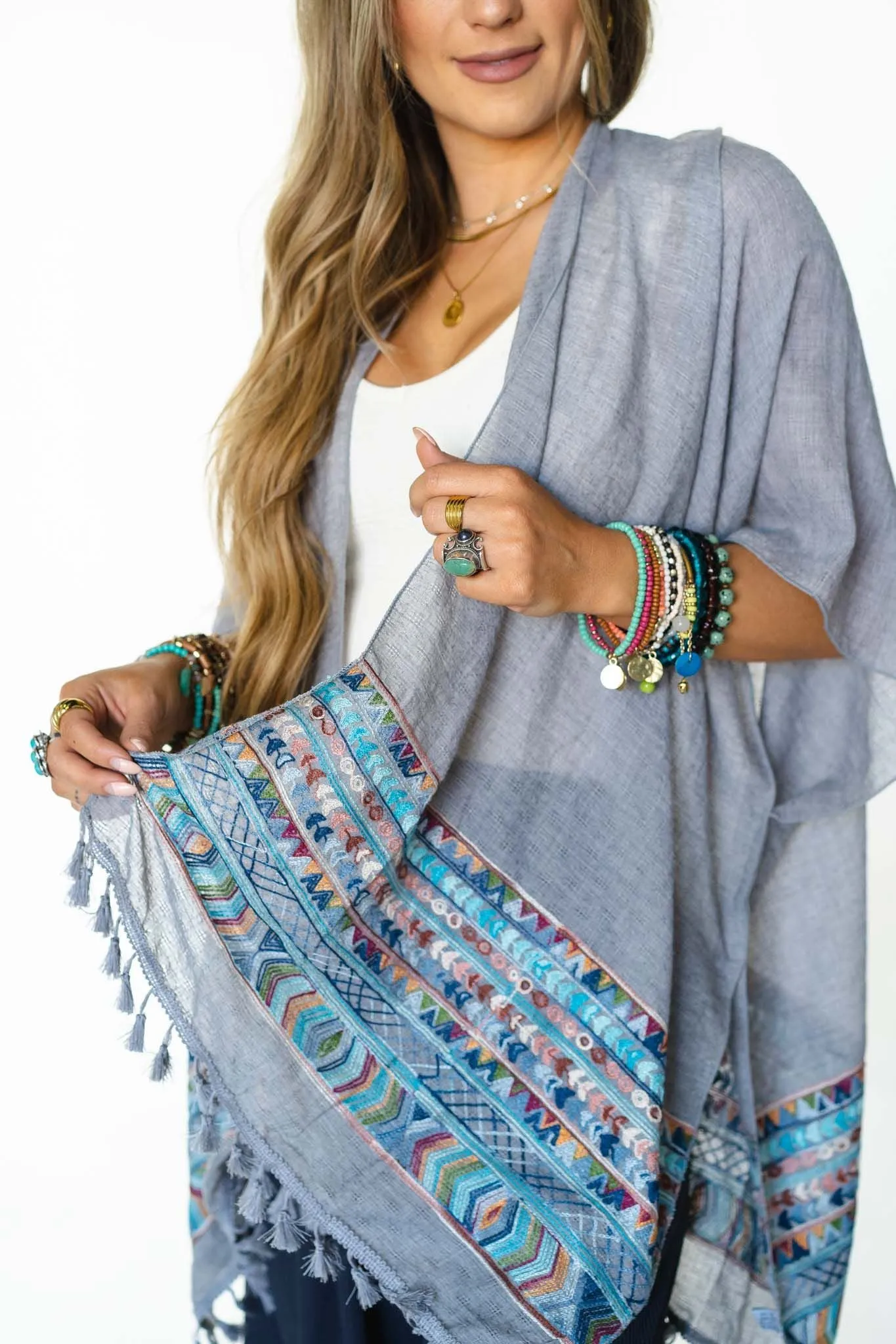 Fallon Kimono - Gray with Embroidered Sleeves