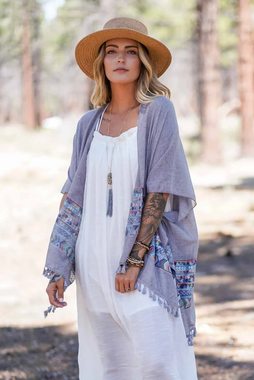 Fallon Kimono - Gray with Embroidered Sleeves