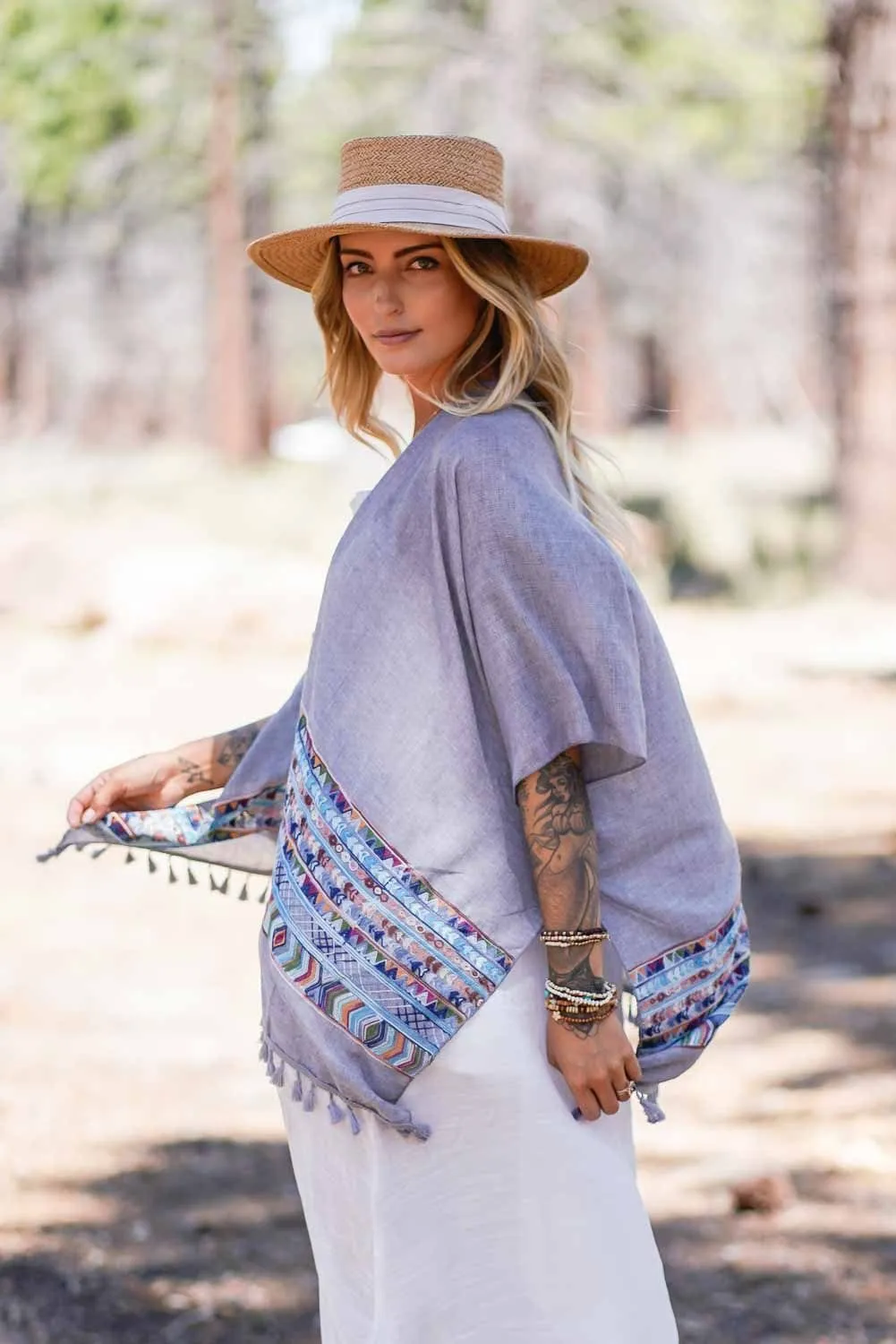 Fallon Kimono - Gray with Embroidered Sleeves