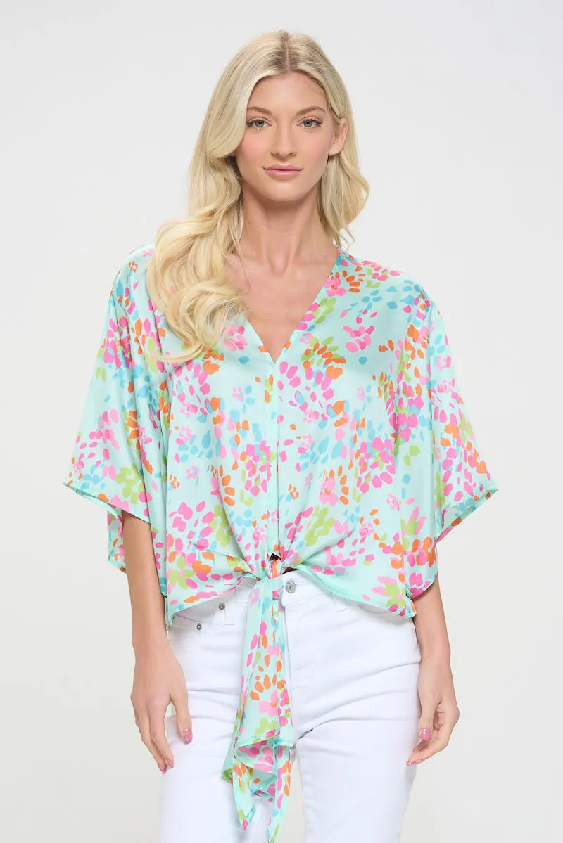 Front Tie Kimono Sleeve Blouse