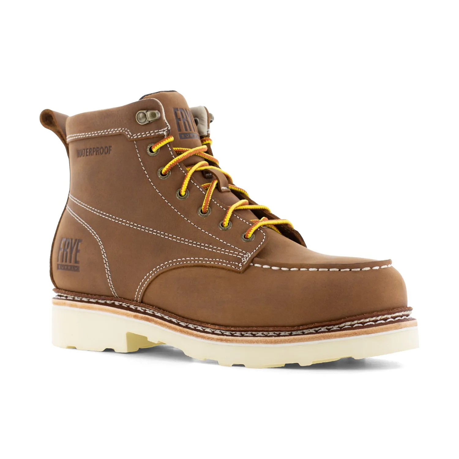 Frye Supply Men's Brown Leather Steel Toe Electrical Hazard 6-Inch Moc Toe Work Boots.