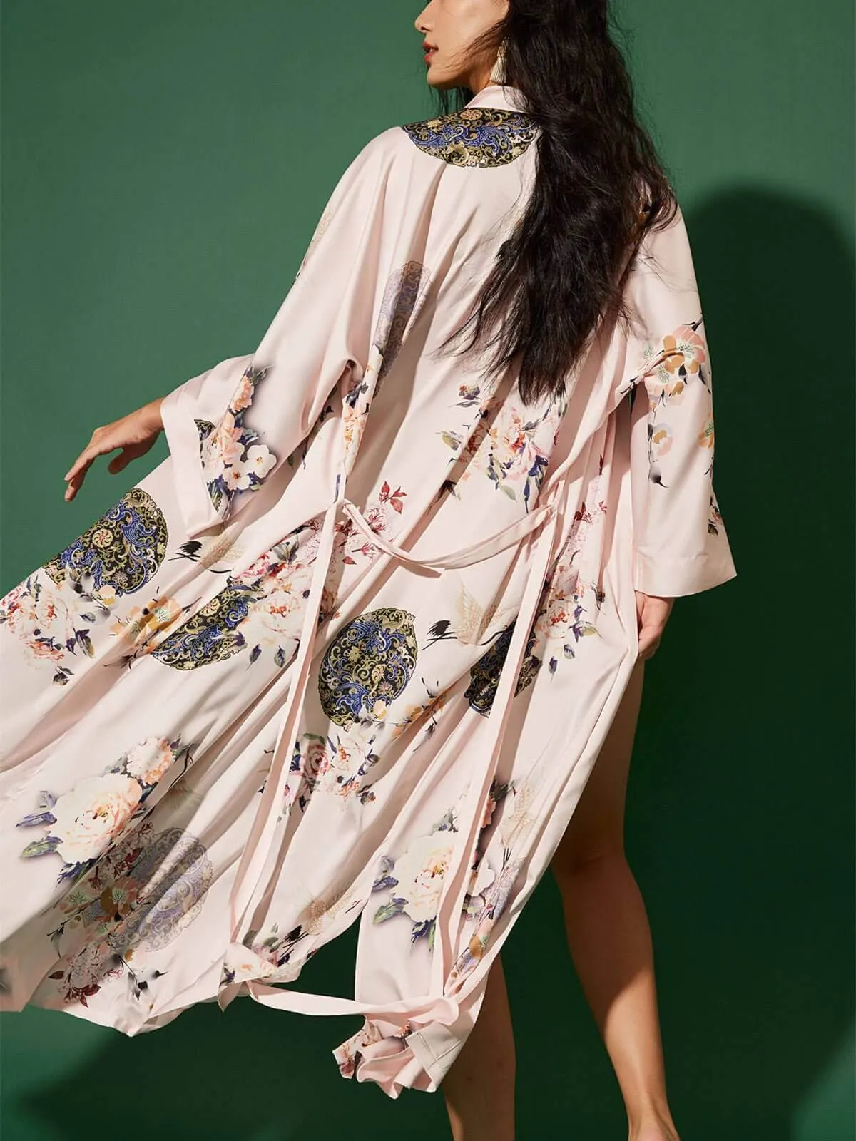 Garden Crane Floral Kimono Robe