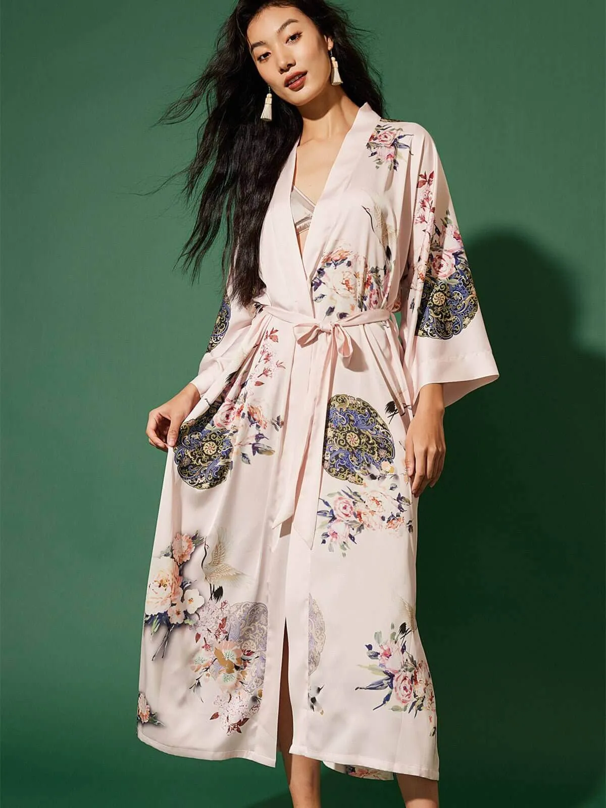 Garden Crane Floral Kimono Robe