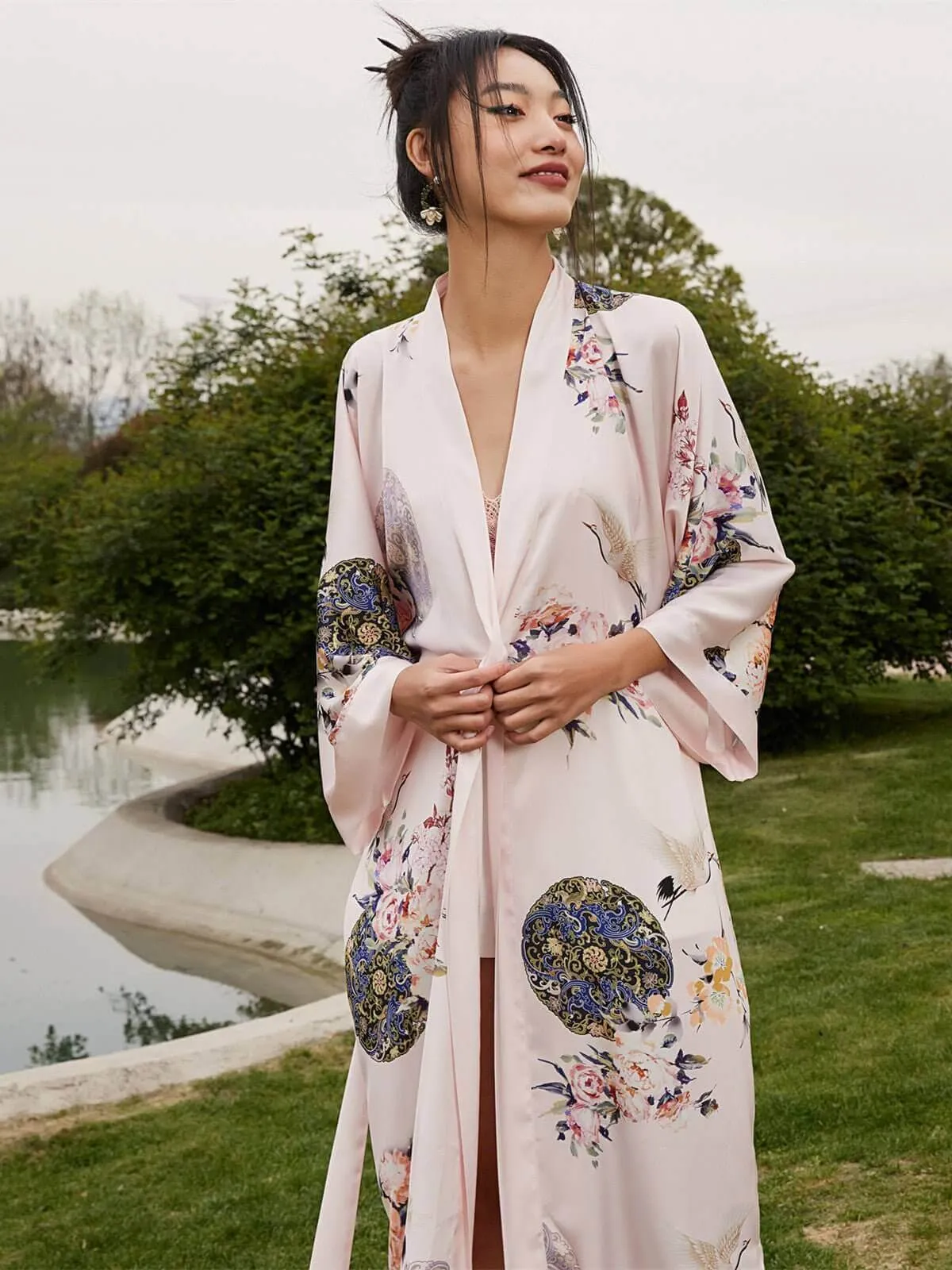 Garden Crane Floral Kimono Robe