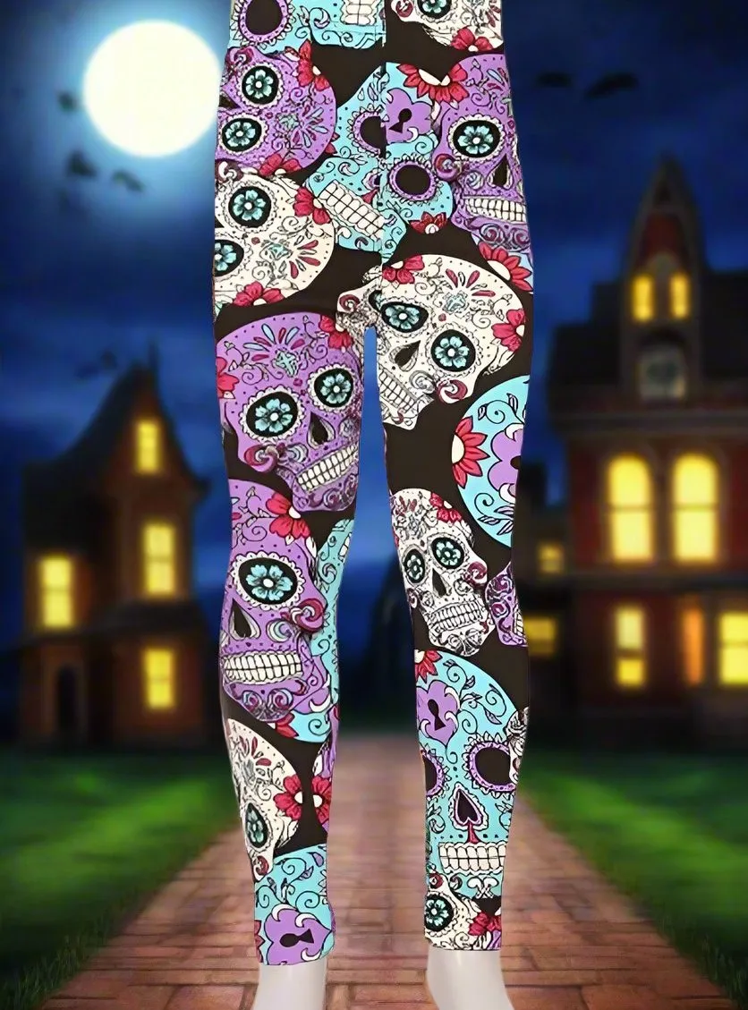 Girls Sugar Skull Leggings, Kids Yoga Pants, Sizes Small to Large, Non-Roll Waistband, Purple and Blue.