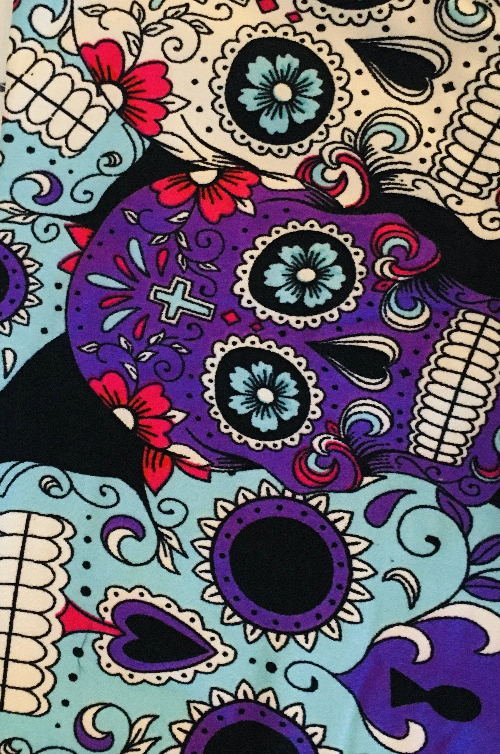 Girls Sugar Skull Leggings, Kids Yoga Pants, Sizes Small to Large, Non-Roll Waistband, Purple and Blue.