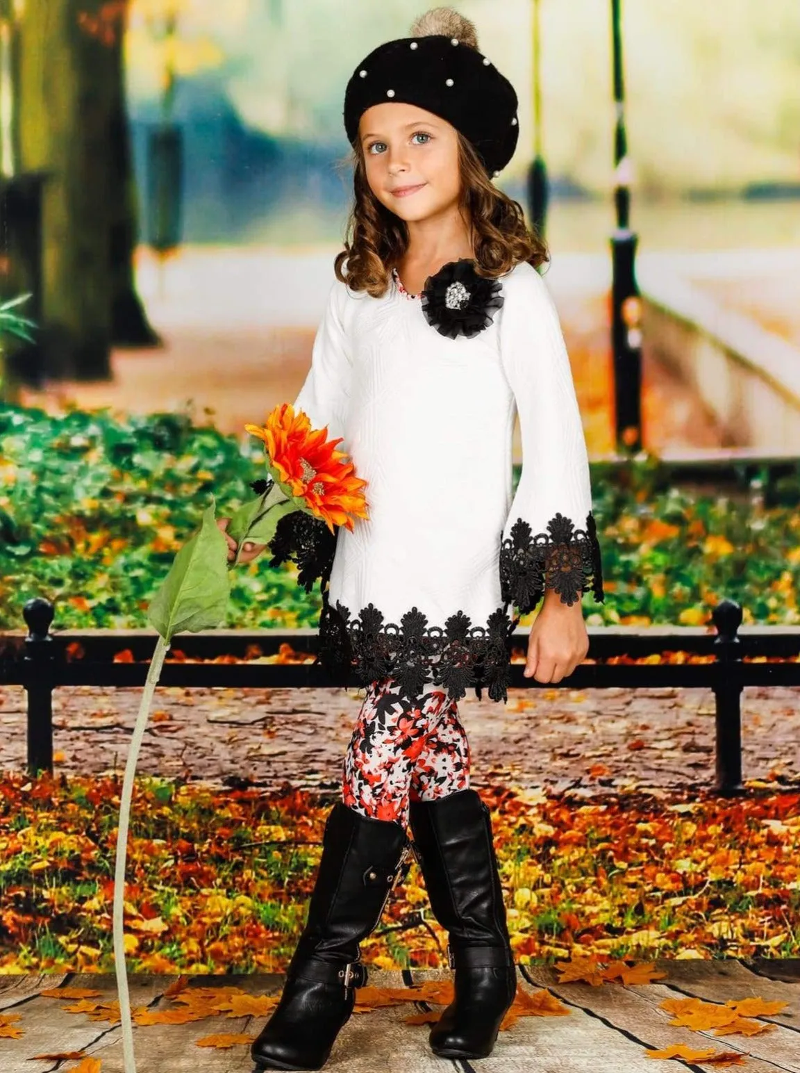 Girls Tunic Set with Crochet Trimmed Long Sleeve and Matching Leggings