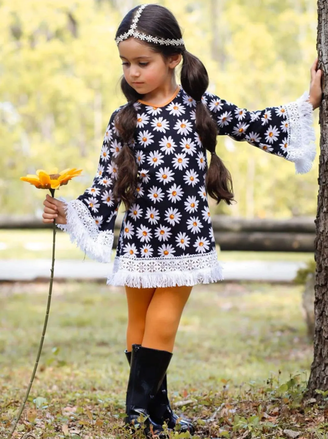 Girls Tunic Set with Crochet Trimmed Long Sleeve and Matching Leggings