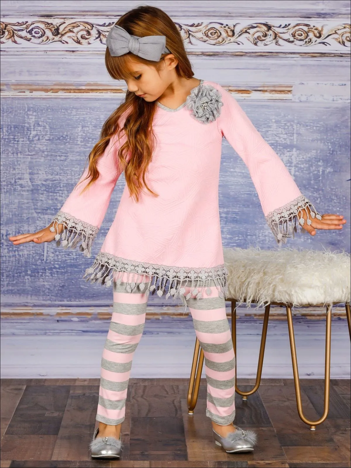 Girls Tunic Set with Crochet Trimmed Long Sleeve and Matching Leggings