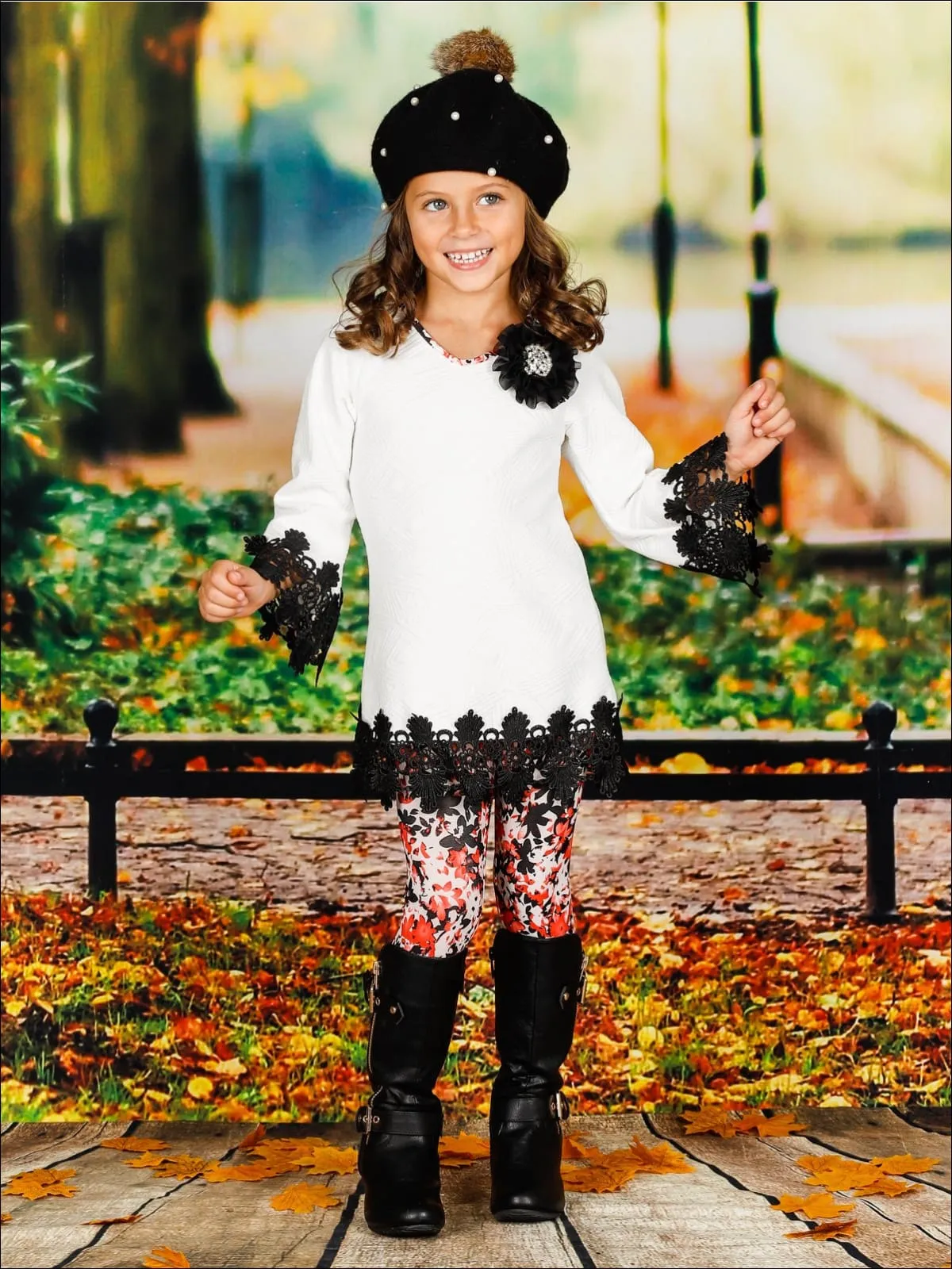 Girls Tunic Set with Crochet Trimmed Long Sleeve and Matching Leggings