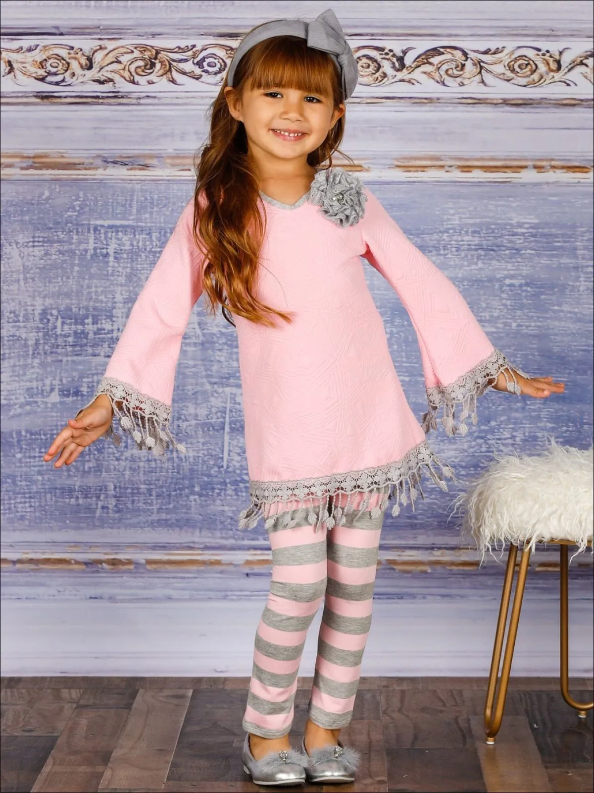 Girls Tunic Set with Crochet Trimmed Long Sleeve and Matching Leggings