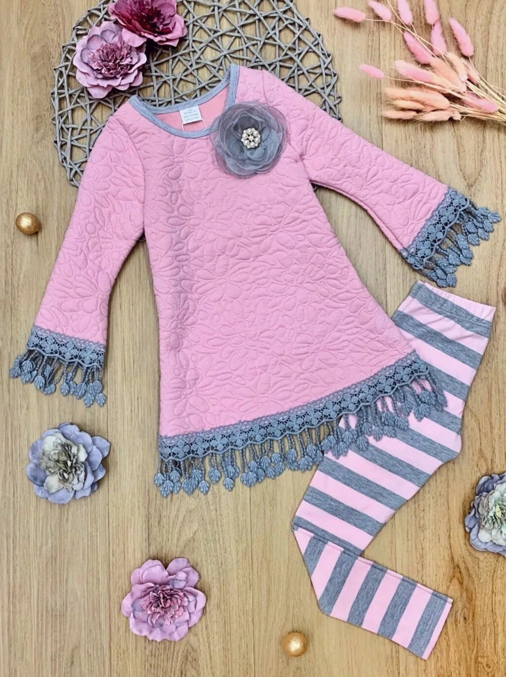 Girls Tunic Set with Crochet Trimmed Long Sleeve and Matching Leggings