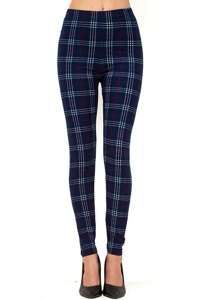 Holiday Navy Wine Plaid Pattern Leggings for Women