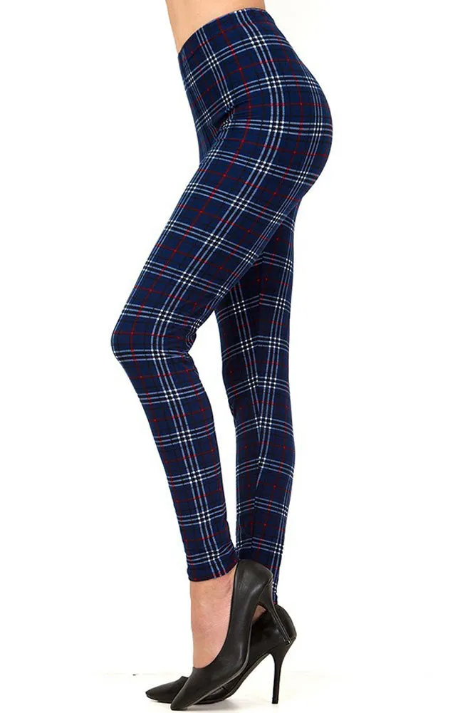 Holiday Navy Wine Plaid Pattern Leggings for Women