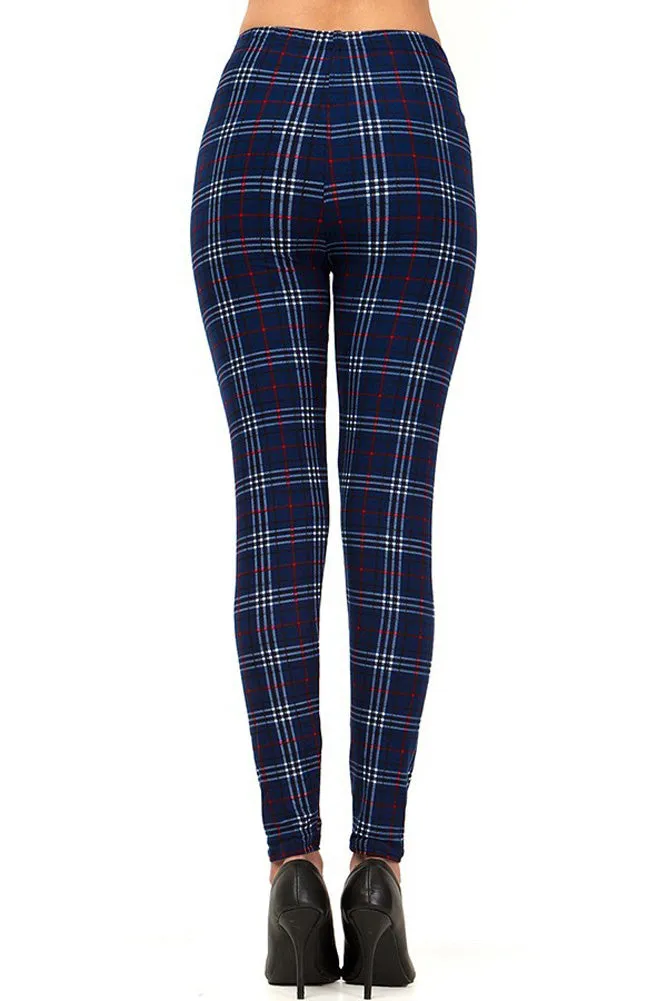 Holiday Navy Wine Plaid Pattern Leggings for Women