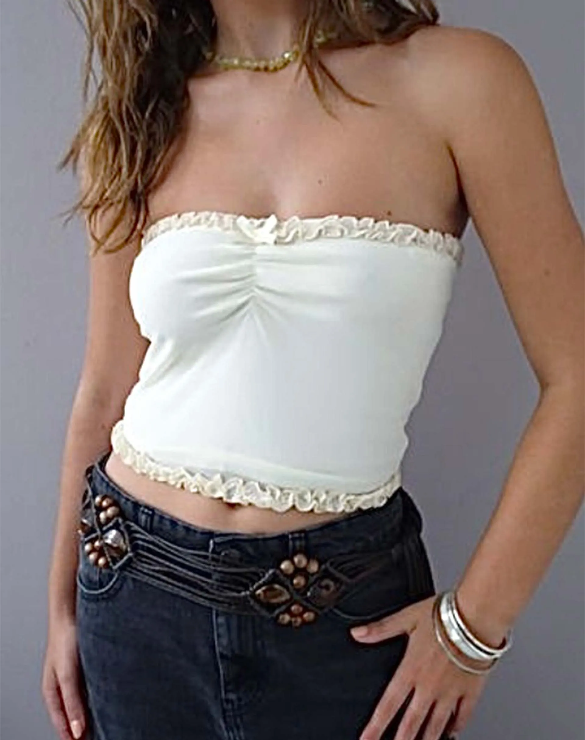 Jachai Off White Frill Bandeau Top