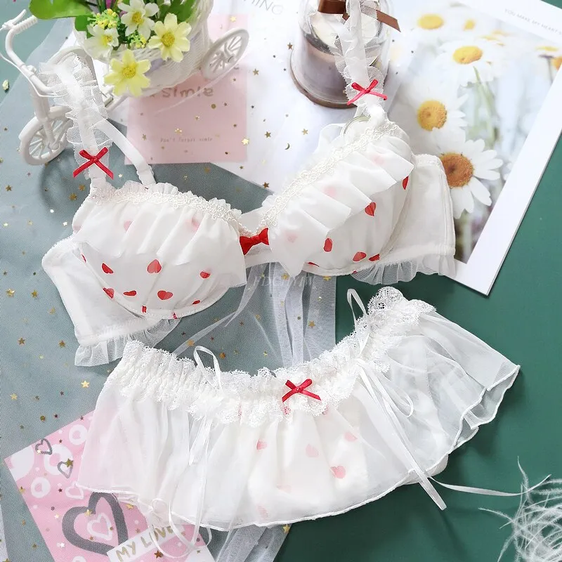 Kawaii Princess Lolita Nymphet Lingerie Set with Heart Ruffles