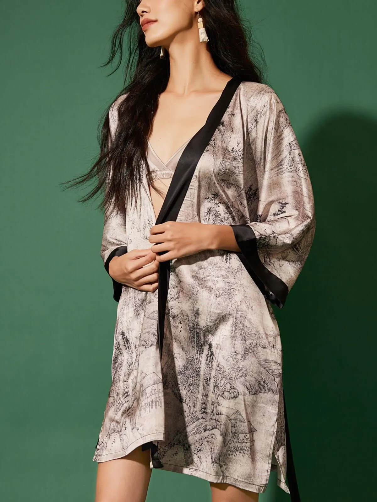 Kimono Robe with Ink Painting - Short Length