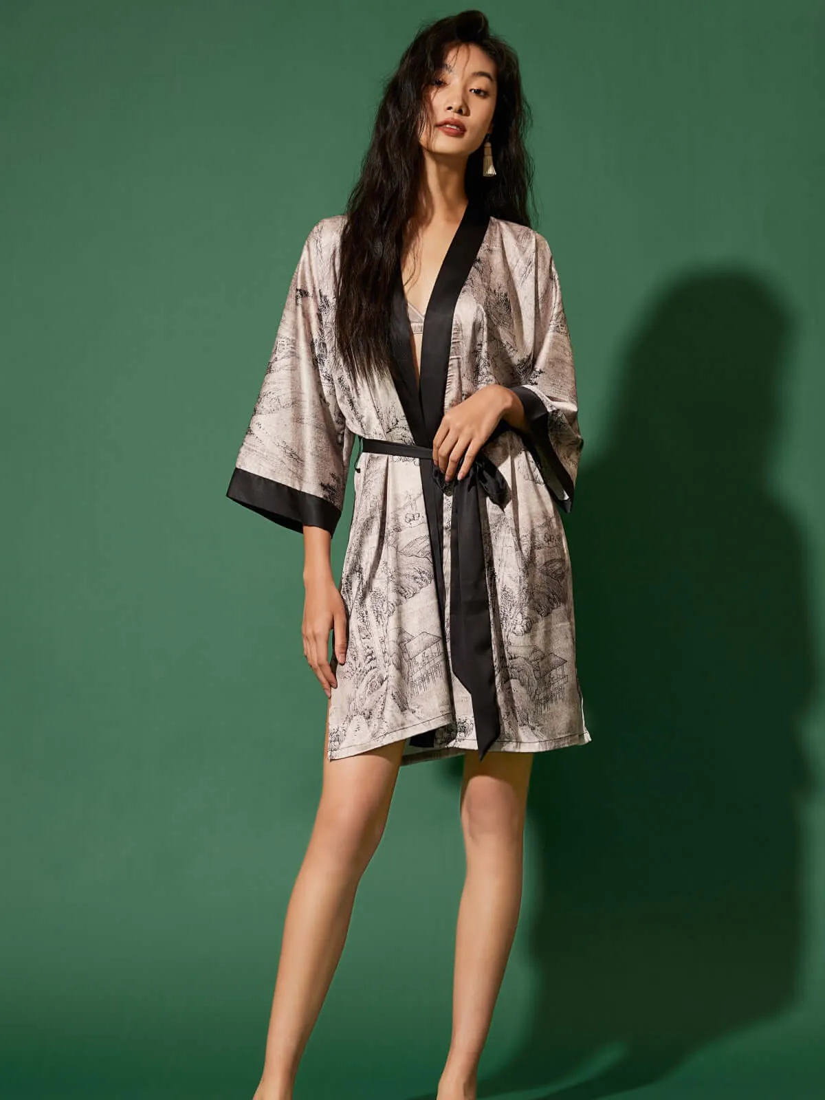 Kimono Robe with Ink Painting - Short Length