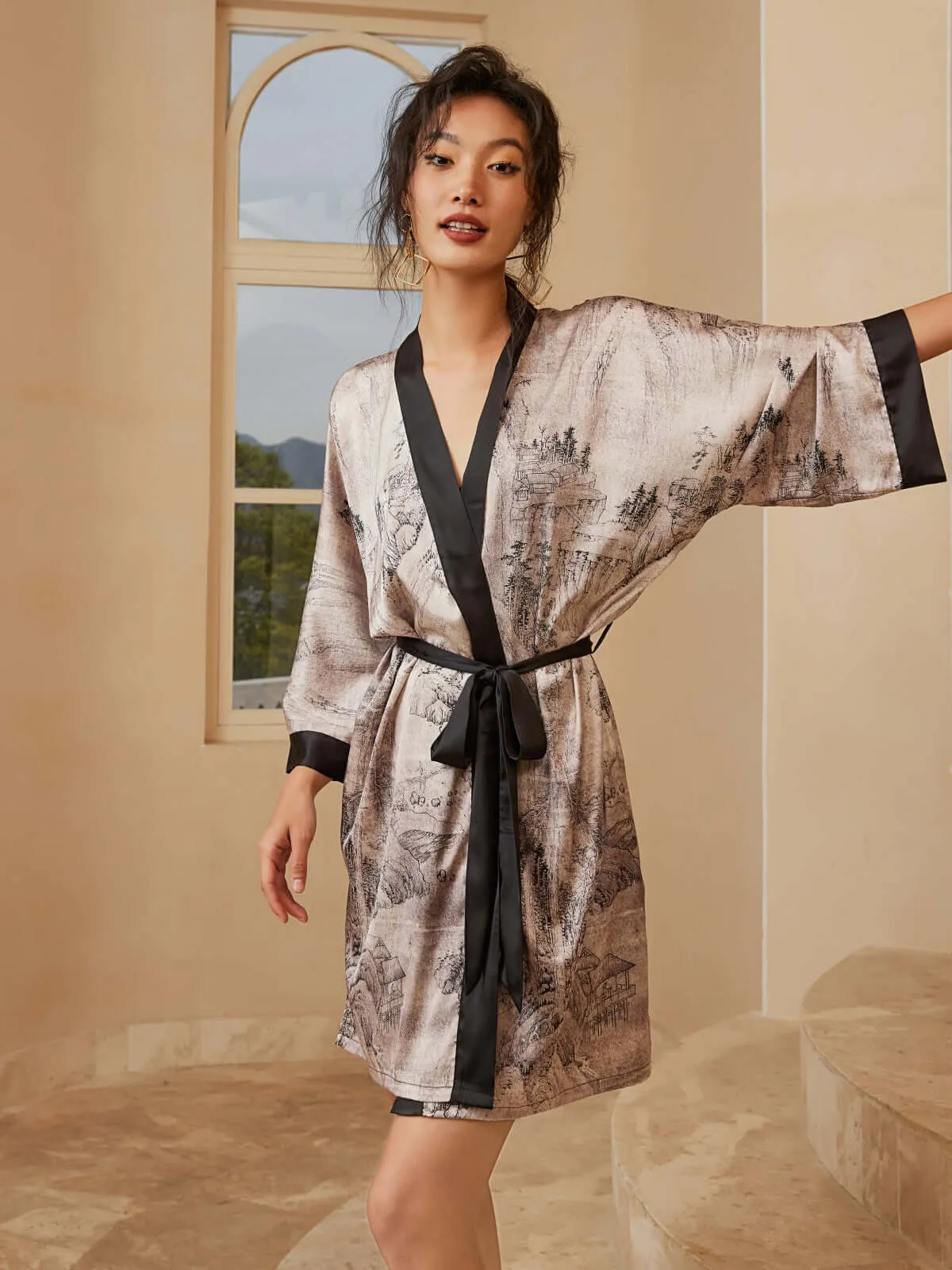 Kimono Robe with Ink Painting - Short Length