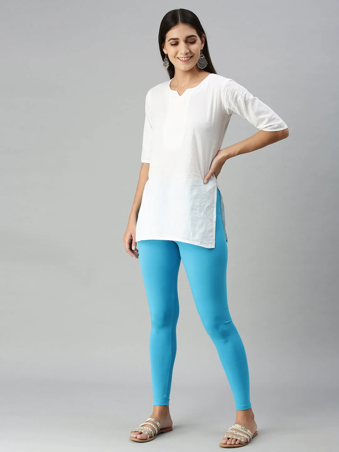 Leggings - Cotton - Light Blue - Ankle Length.