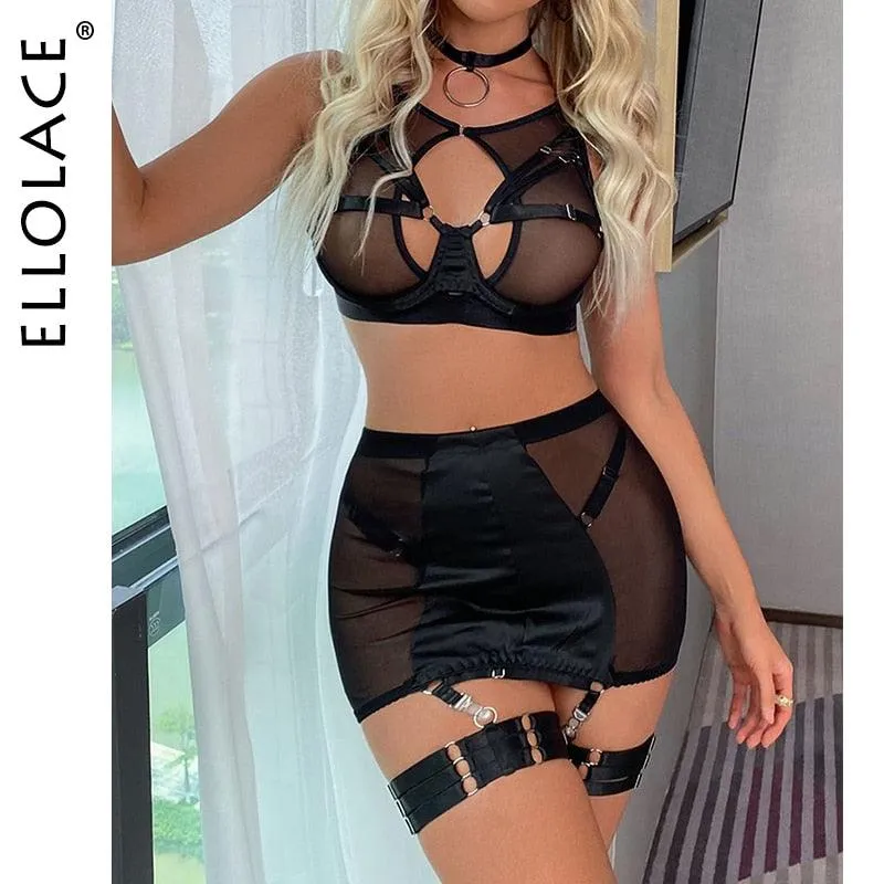 Lingerie 5-Piece Set: Transparent Bra, Garters, and Skirt