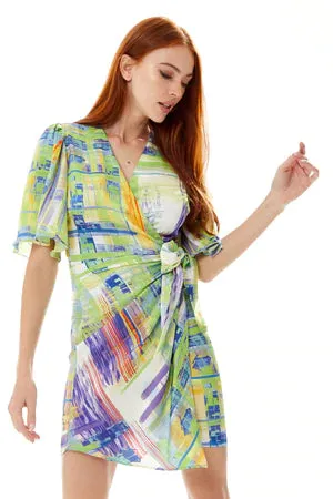 Liquorish Green Mini Dress with Abstract Print and Short Sleeves