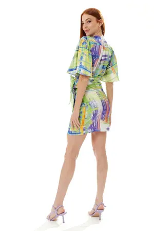 Liquorish Green Mini Dress with Abstract Print and Short Sleeves