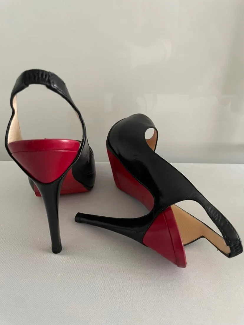 Louboutin Black Red Architex 120mm Calfskin Peep Toe Slingback Pumps