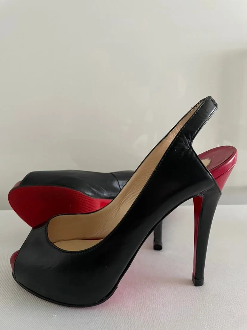 Louboutin Black Red Architex 120mm Calfskin Peep Toe Slingback Pumps