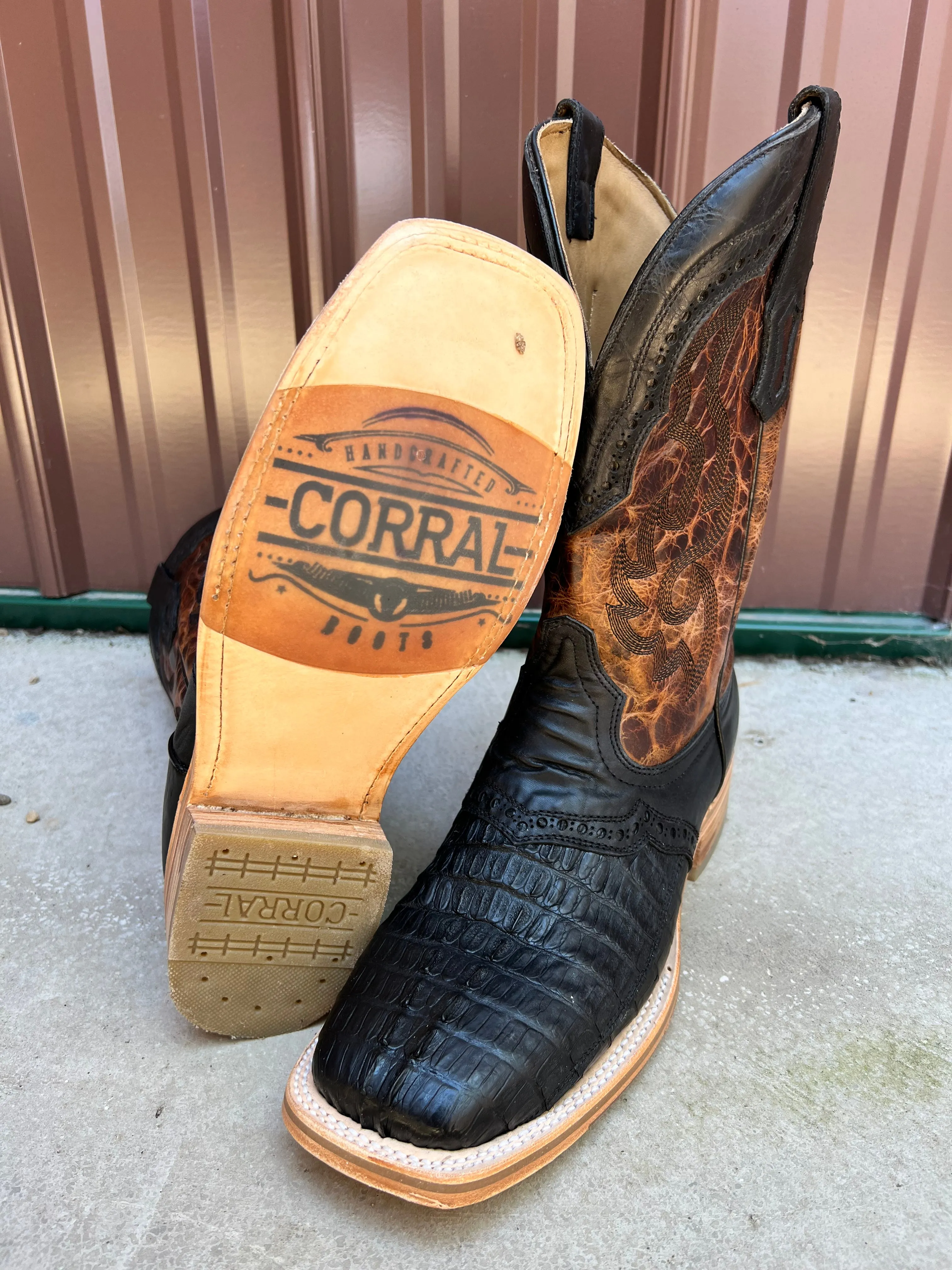 Men's Black Caiman Overlay Cowboy Boots, Wide Square Toe - Corral A4282