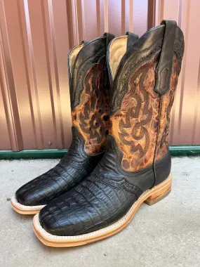 Men's Black Caiman Overlay Cowboy Boots, Wide Square Toe - Corral A4282