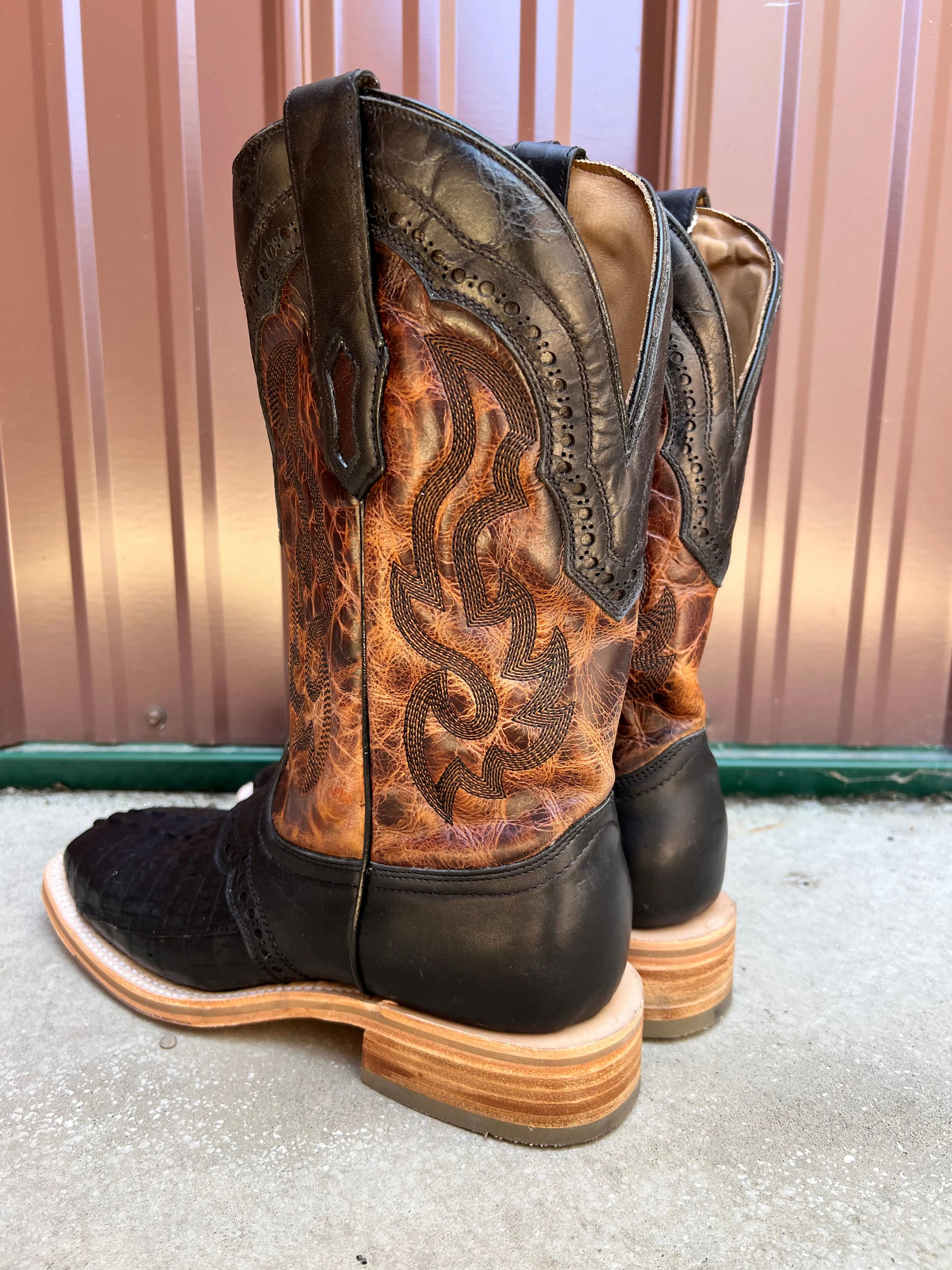 Men's Black Caiman Overlay Cowboy Boots, Wide Square Toe - Corral A4282