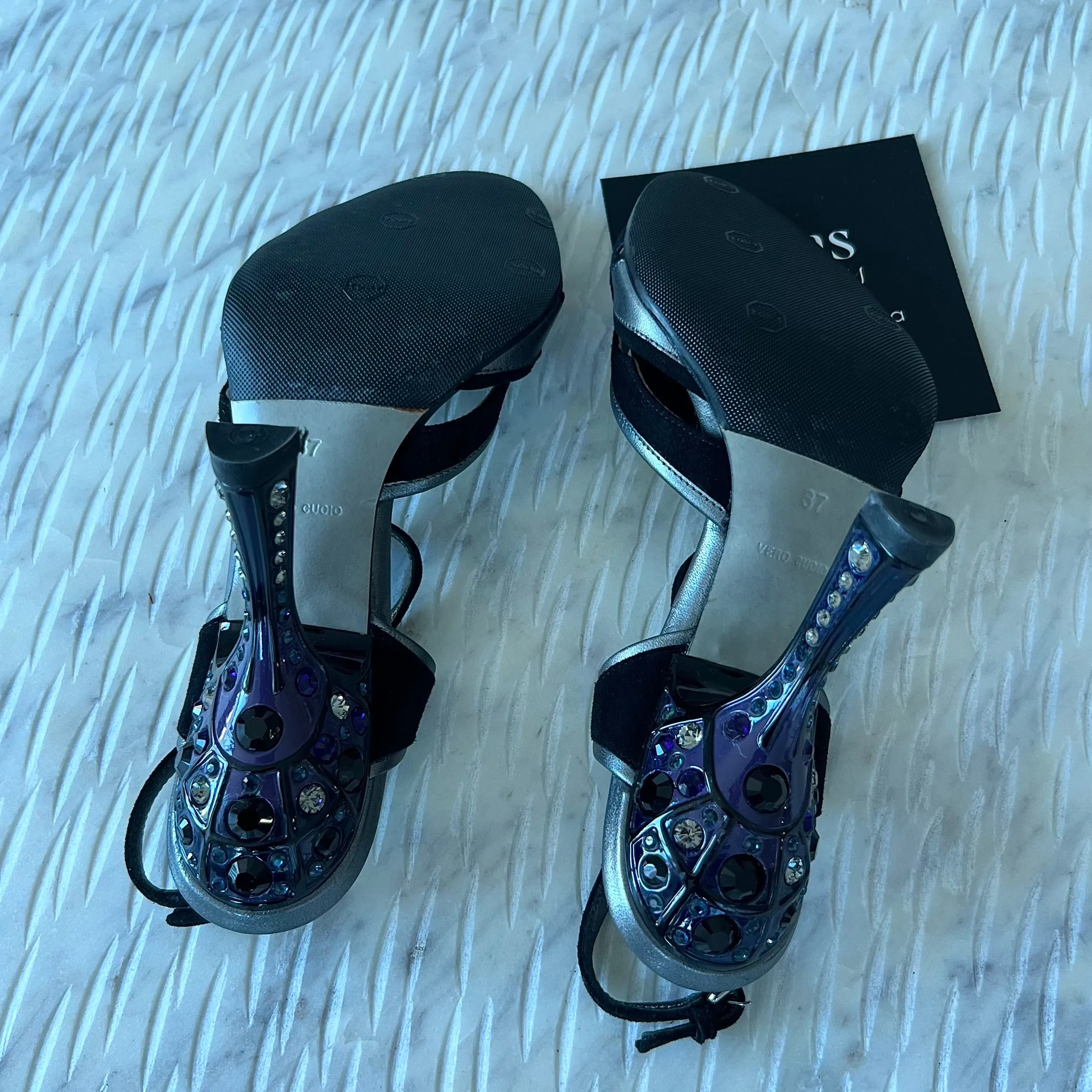 Miu Miu crystal sandals black pewter purple leather suede strap.