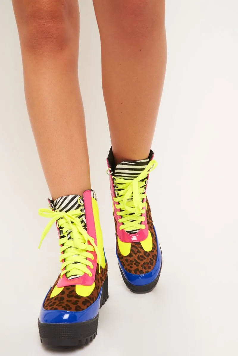 Multi Neon Animal Print Boots, Military Style Lace Up Boots, Inari