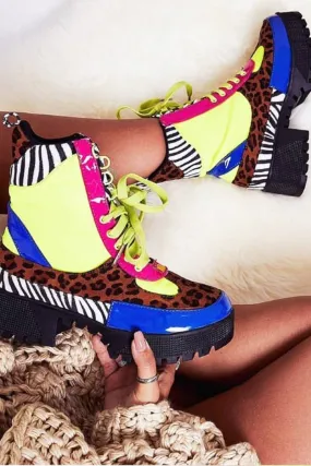 Multi Neon Animal Print Boots, Military Style Lace Up Boots, Inari