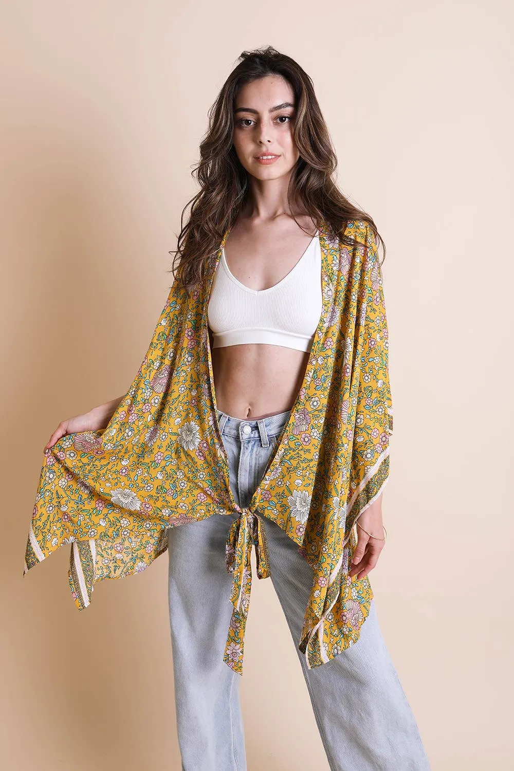 Mustard Floral Kimono Wrap with Front Tie - Shop Now