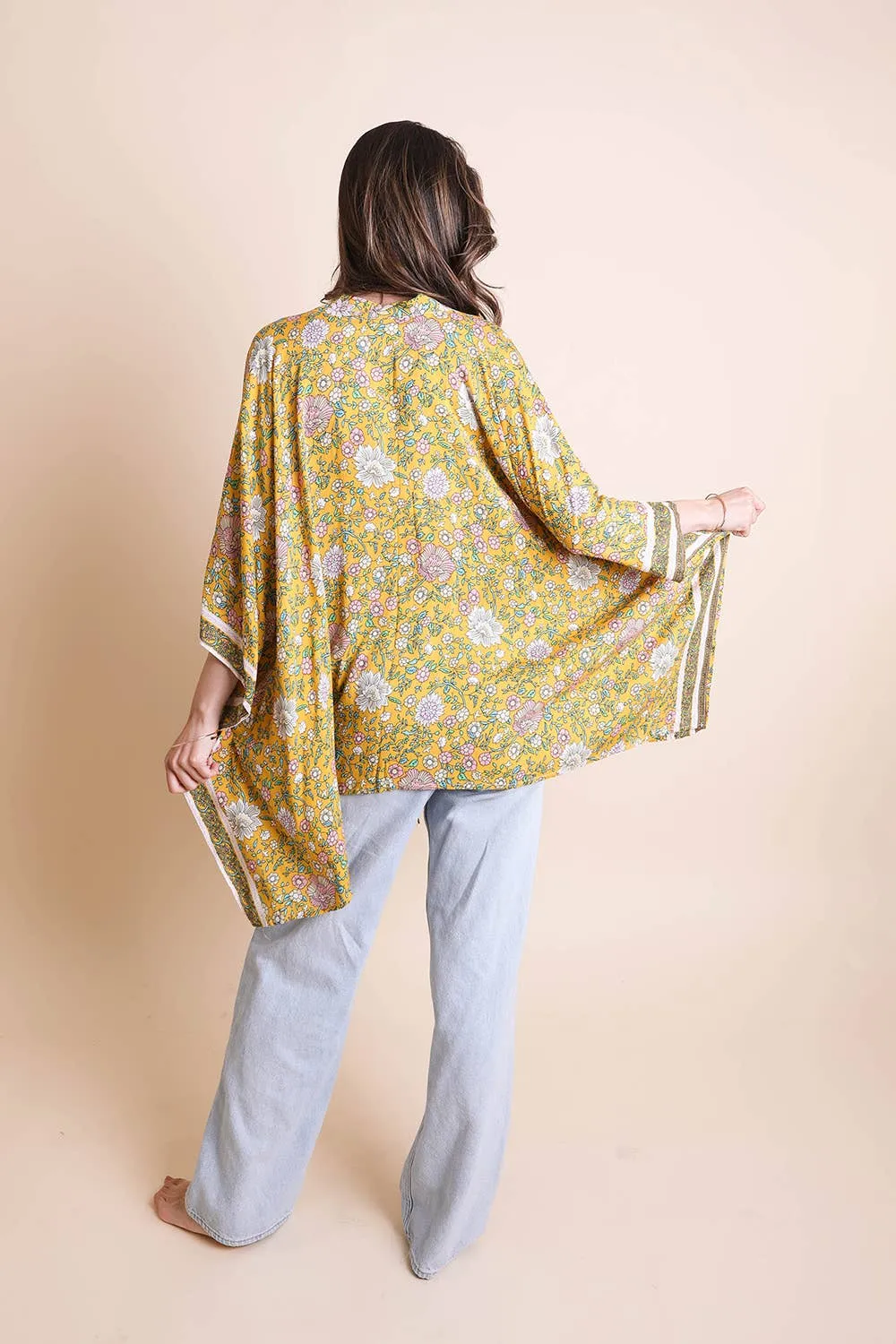 Mustard Floral Kimono Wrap with Front Tie - Shop Now