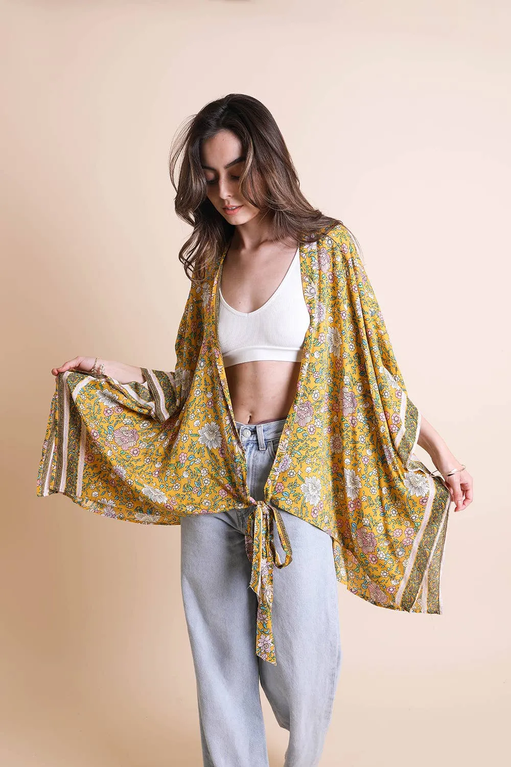 Mustard Floral Kimono Wrap with Front Tie - Shop Now