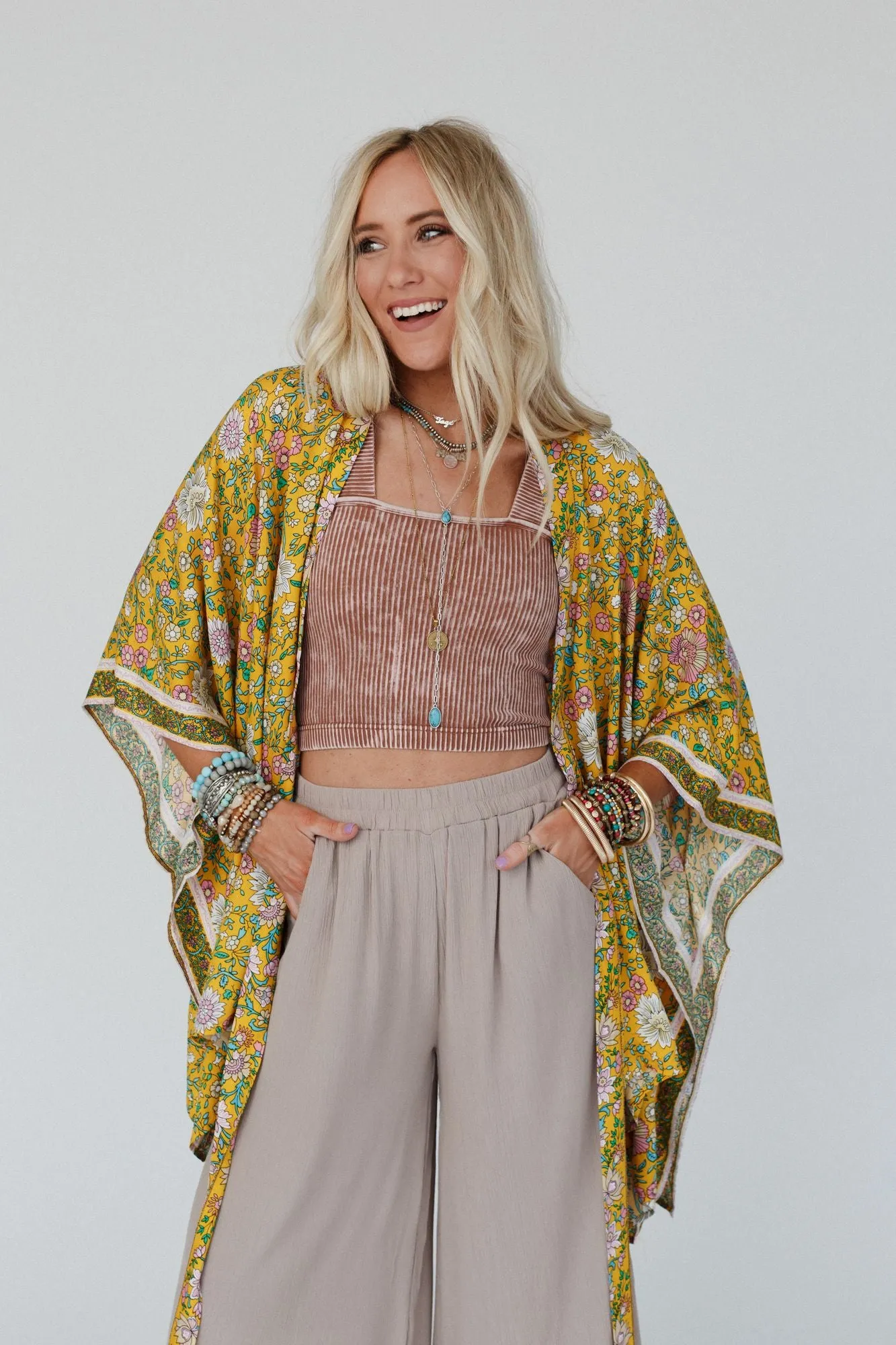 Mustard Flower Print Front Tie Kimono - Shop now!