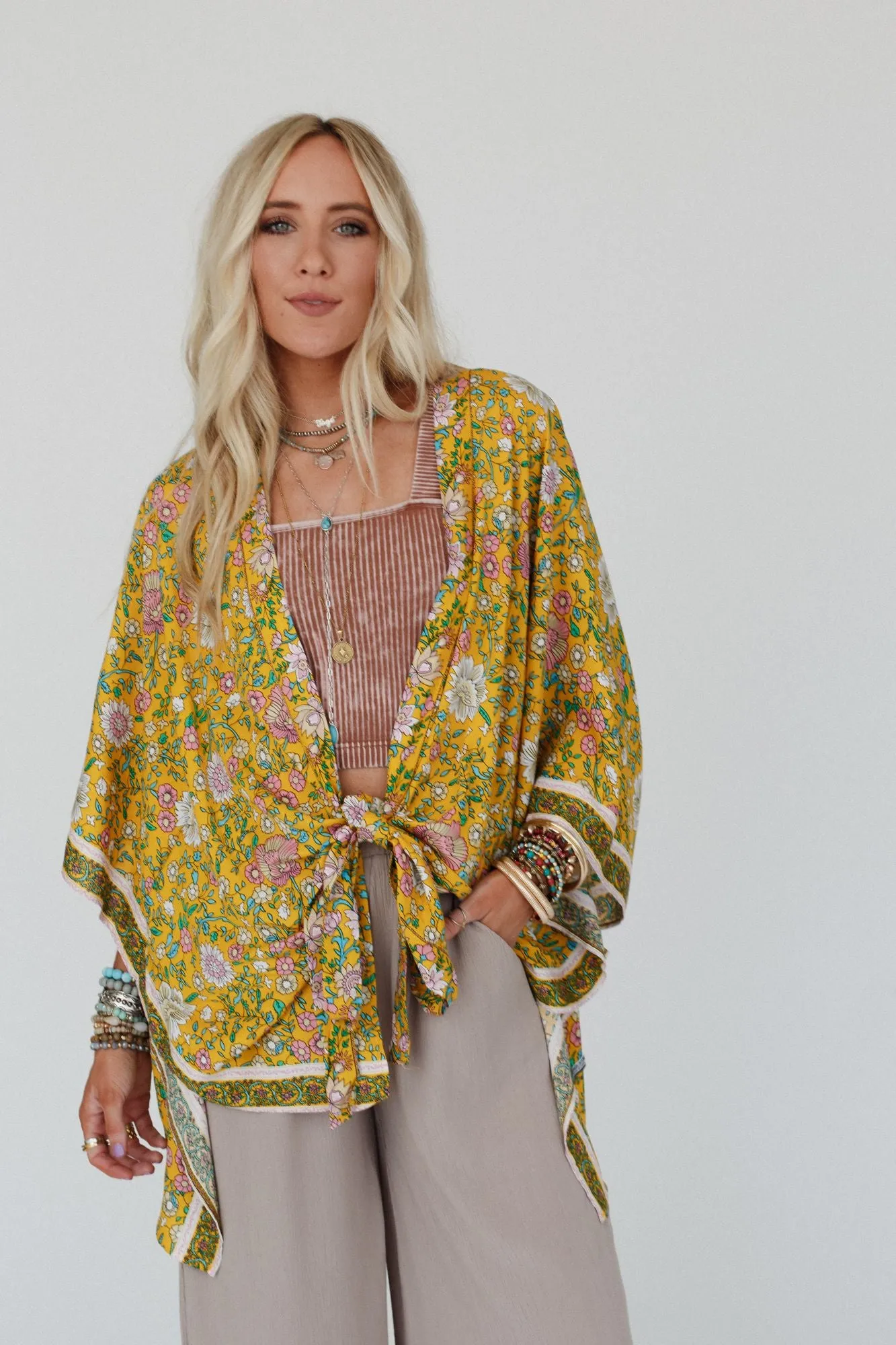 Mustard Flower Print Front Tie Kimono - Shop now!