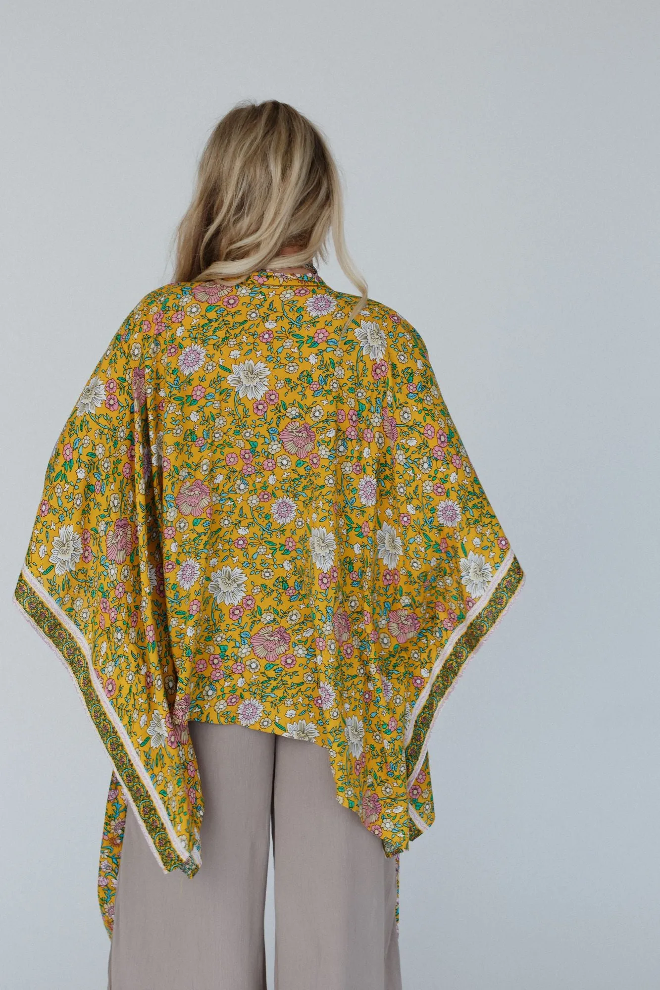 Mustard Flower Print Front Tie Kimono - Shop now!