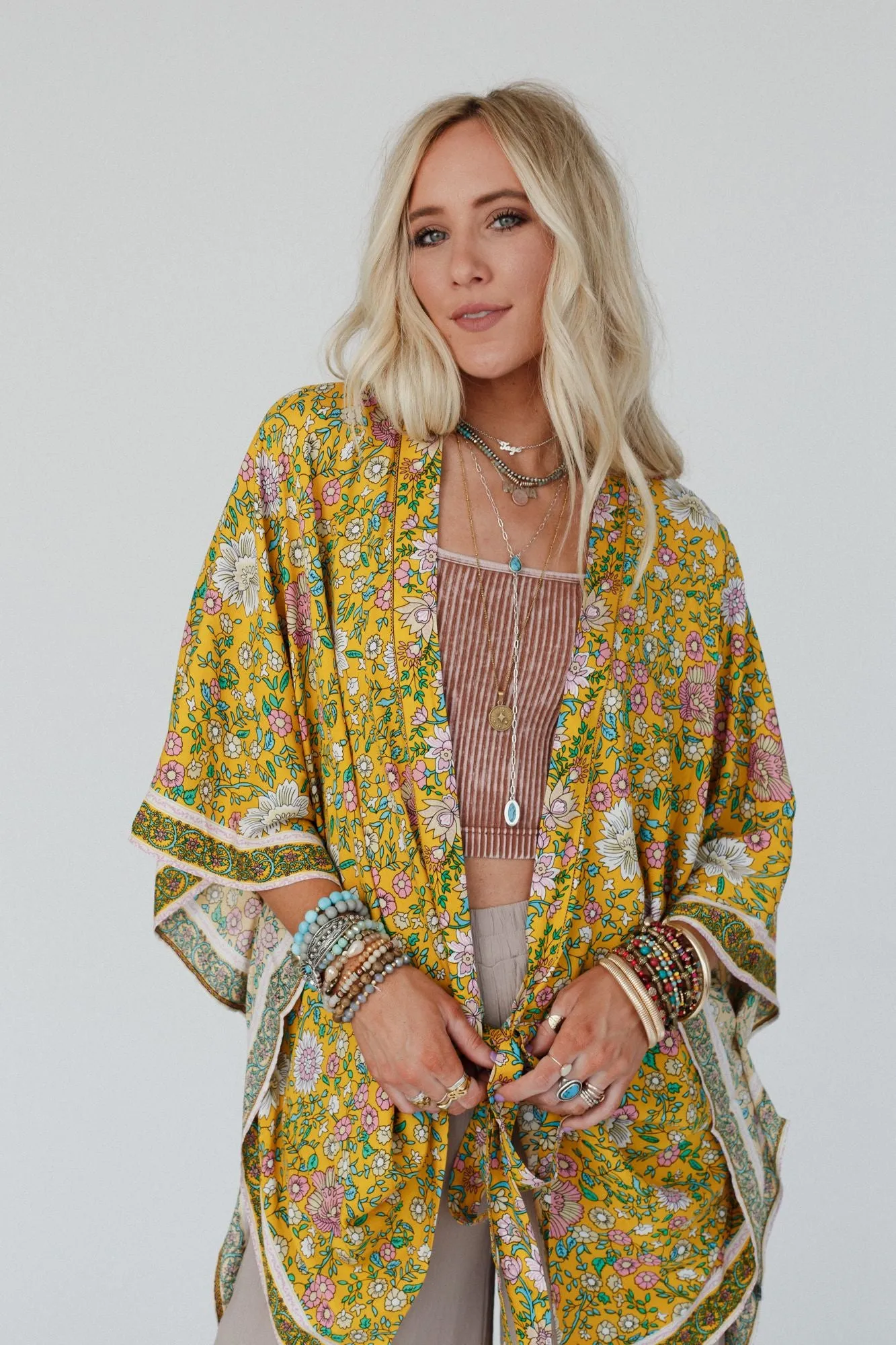 Mustard Flower Print Front Tie Kimono - Shop now!