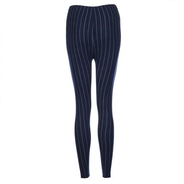 New Women's Elastic Striped Leggings - Black Blue #53 SM6