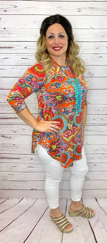 Orange and Pink Paisley Scoop Tunic: Sizes S, M, L