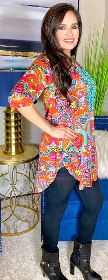 Orange and Pink Paisley Scoop Tunic: Sizes S, M, L