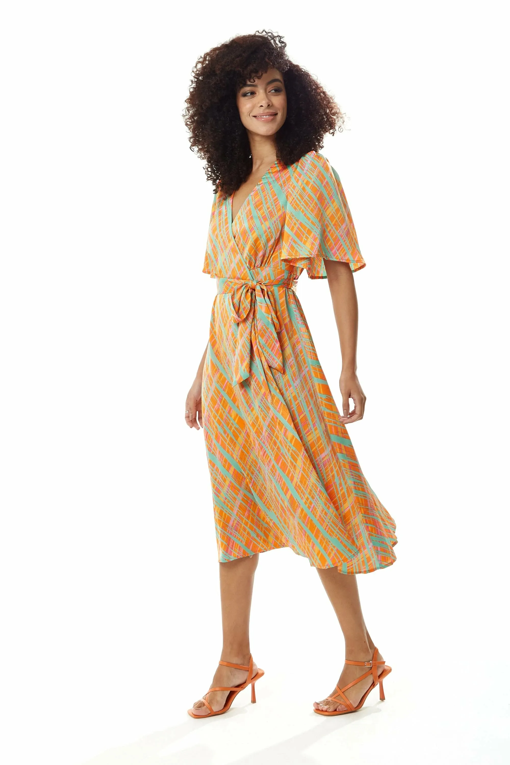 Orange Scribble Print Midi Wrap Dress