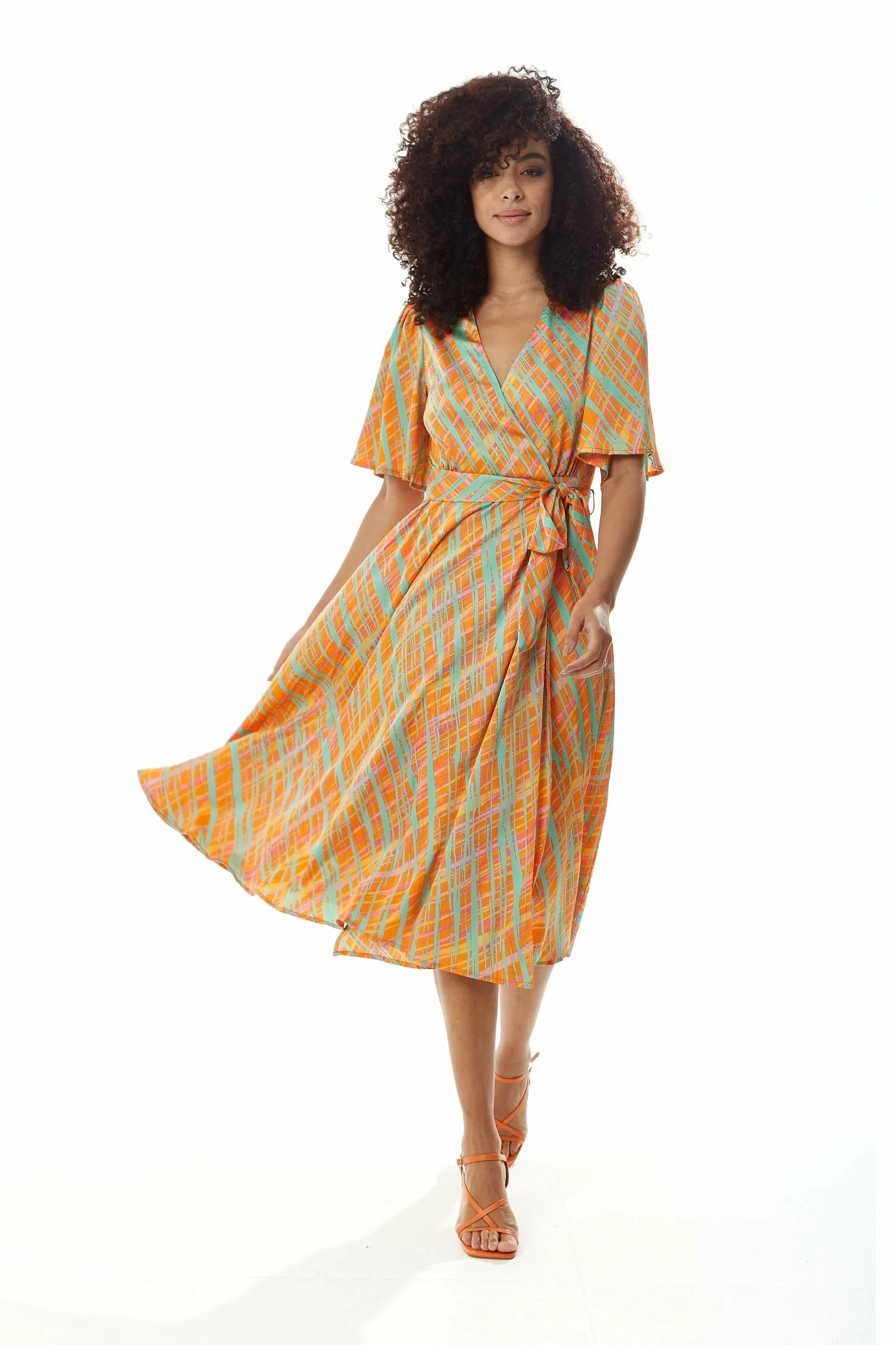 Orange Scribble Print Midi Wrap Dress