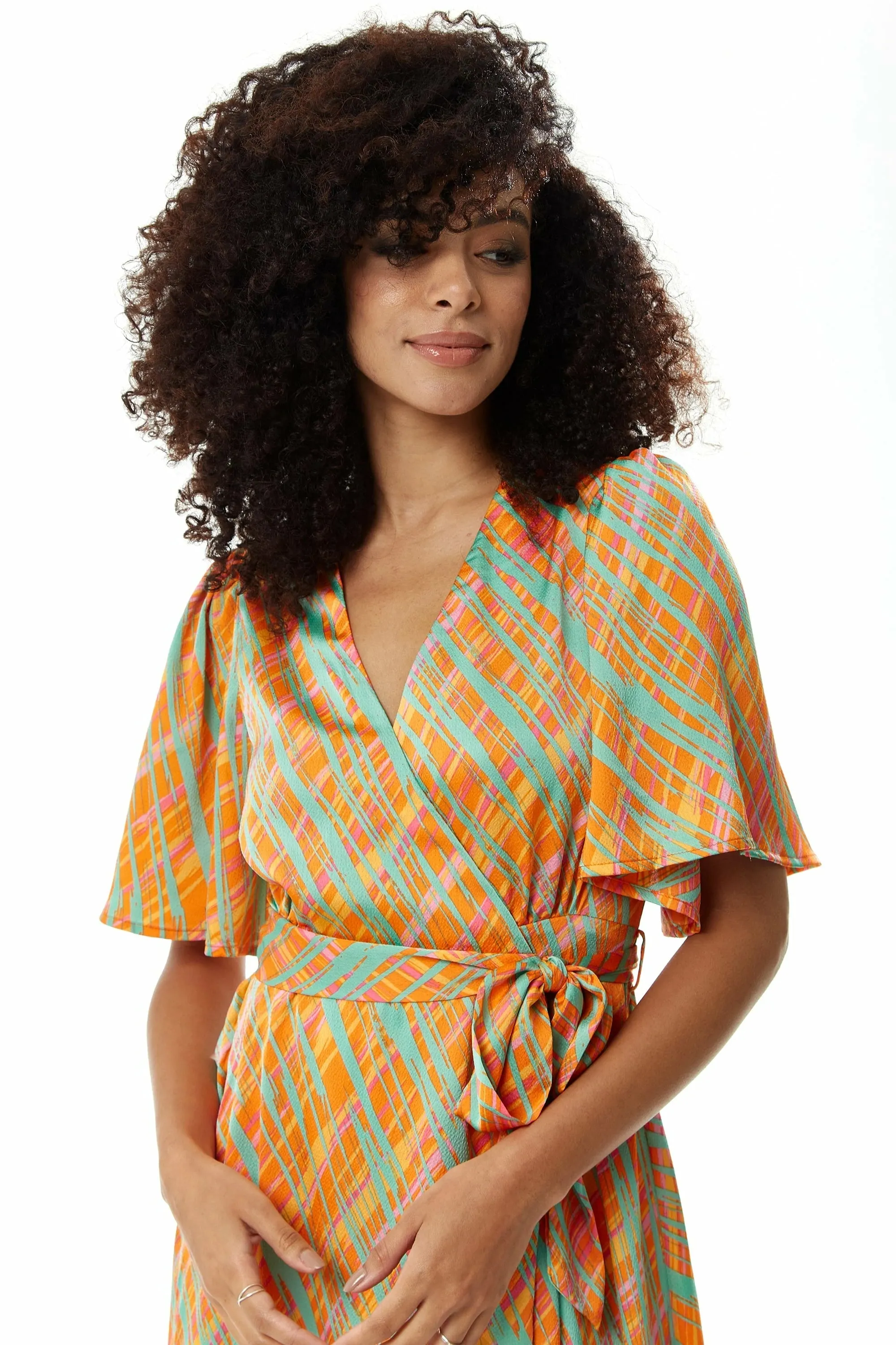 Orange Scribble Print Midi Wrap Dress